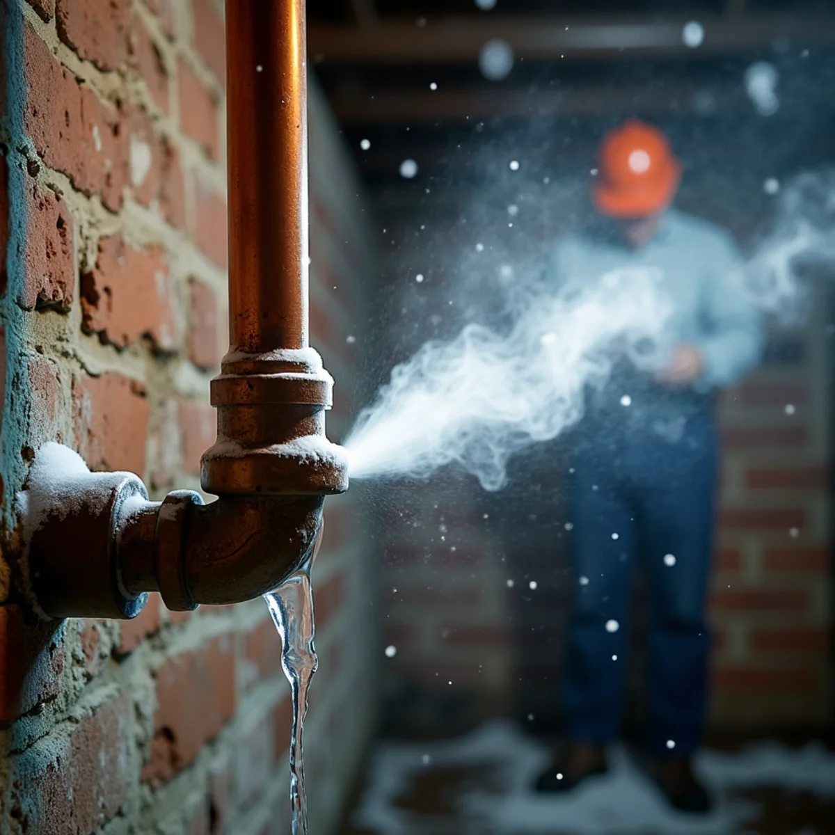 Burst pipe spraying water in a Westfield, NJ basement in winter