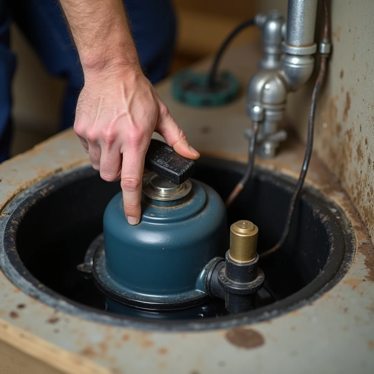 Checking the float switch on a sump pump in a basement basin