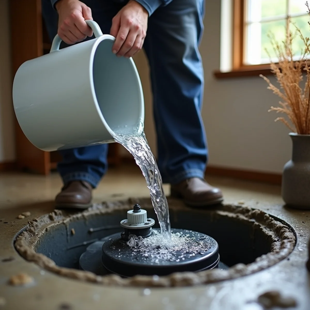 Pouring water into a sump basin to test the pump cycle