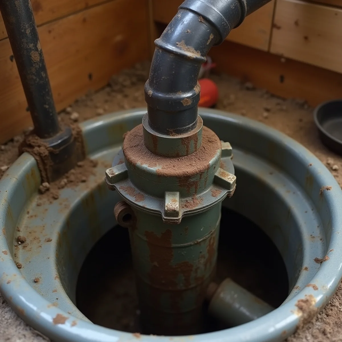 An aging sump pump being checked for grinding and wear