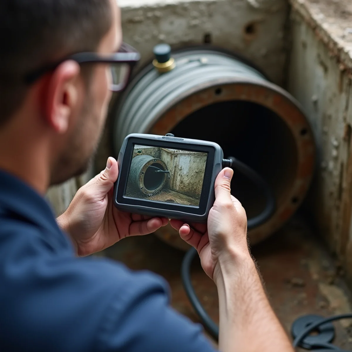 Sewer camera monitor showing the inside of a clogged drain line in Westfield