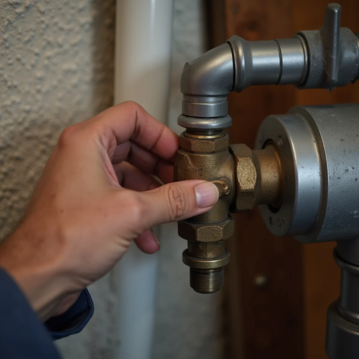 Homeowner locating the main water shut-off valve in a Westfield basement