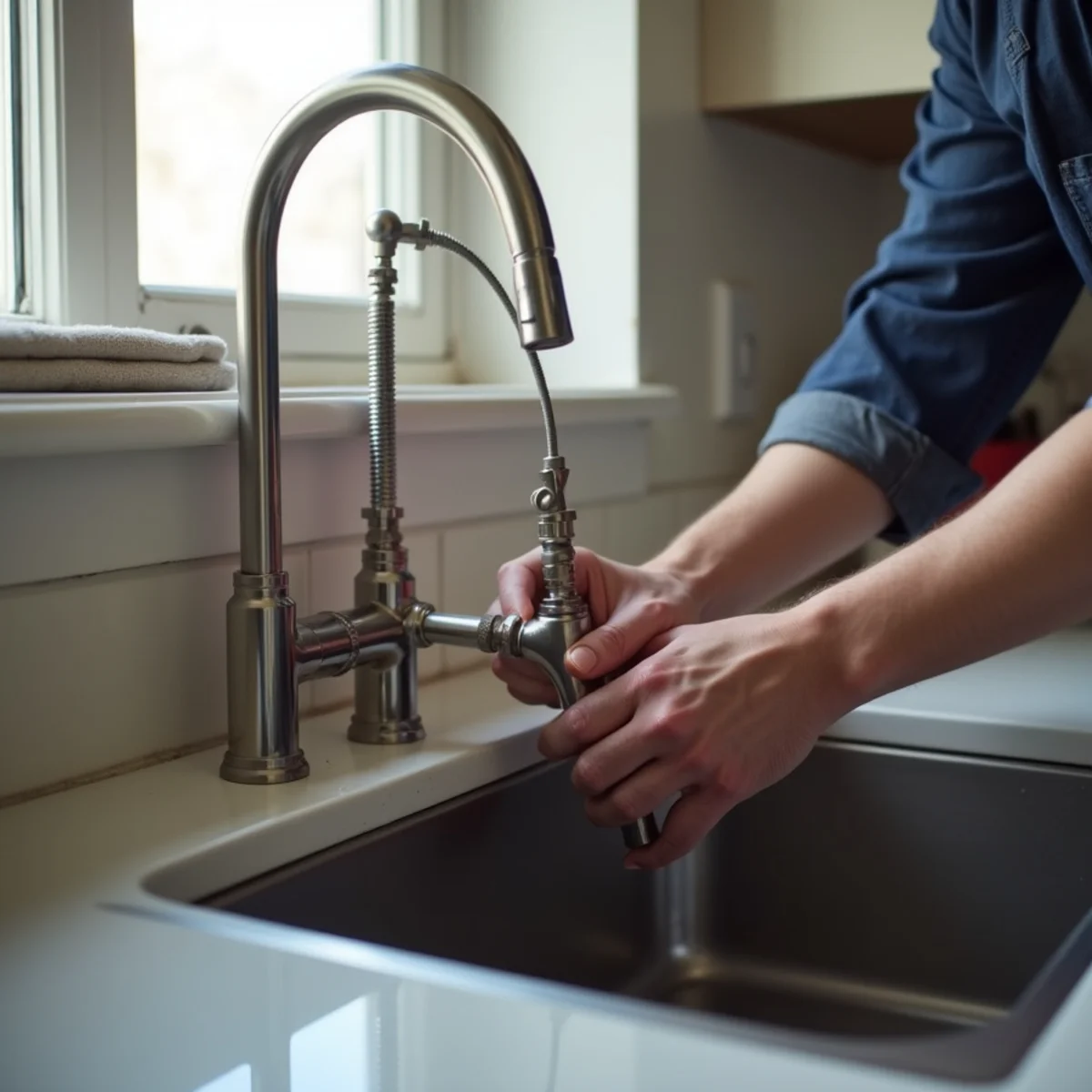 Plumber replacing a kitchen faucet and supply line in a Westfield kitchen
